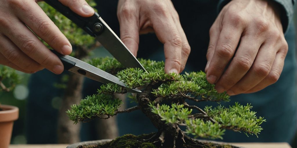 Hands trimming a bonsai tree with scissors.