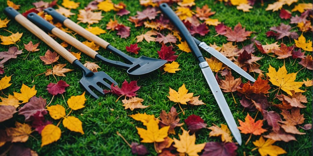 Gardening tools and colorful leaves for autumn garden tasks
