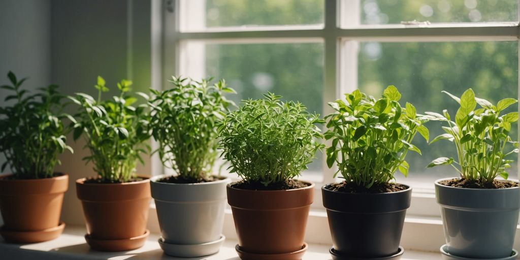 Herbs in pots on a sunny windowsill.